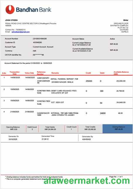 India Bandhan Bank account statement Word and PDF template
